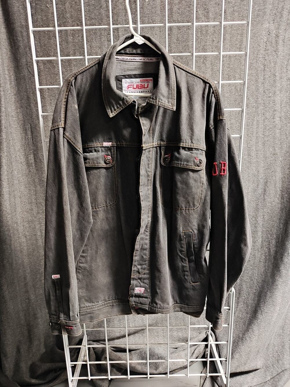 VINTAGE Fubu Jacket Mens XL Gray Denim Jean Hip Hop Y2K